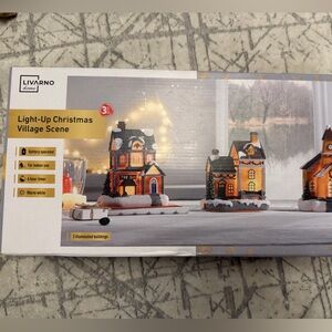 Illuminated Christmas Village Scene - 3 buildings